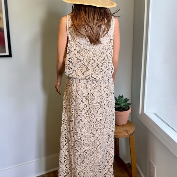 London Times Crochet Maxi Dress Size 10 Beige Boho Lined - Picture 6 of 8
